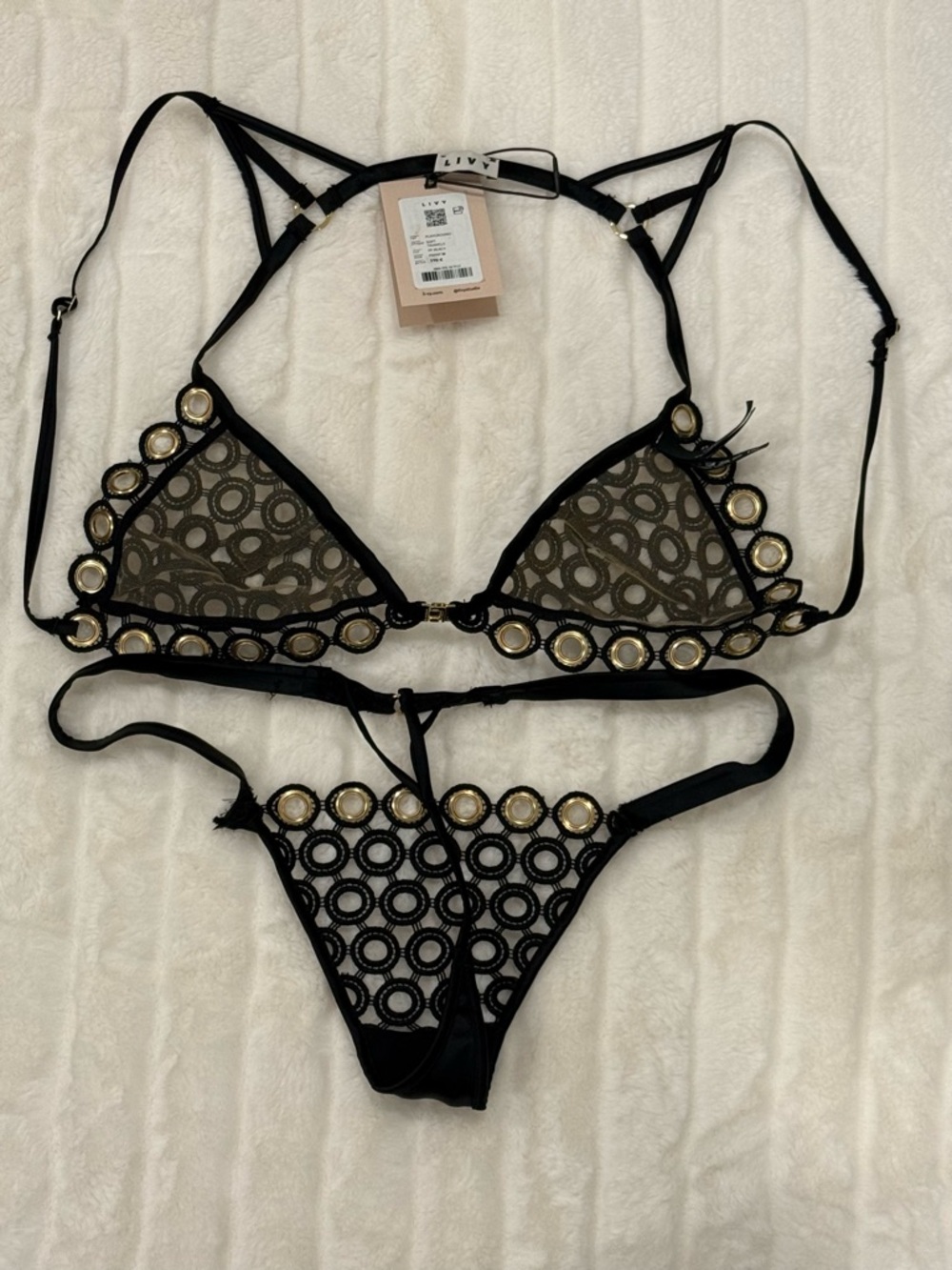 Black Ring-Embellished Lace Bralette & Thong Set